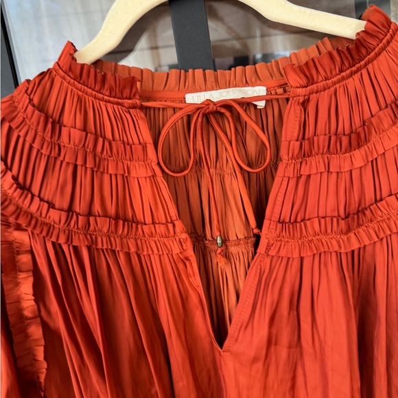 Ulla Johnson Aimee top blouse ruffle short sleeve clay rust satin tie front - Picture 9 of 12